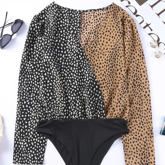 B058 Spliced Leopard Print Wrap Long Sleeve Bodysuit - Picture 1 of 4